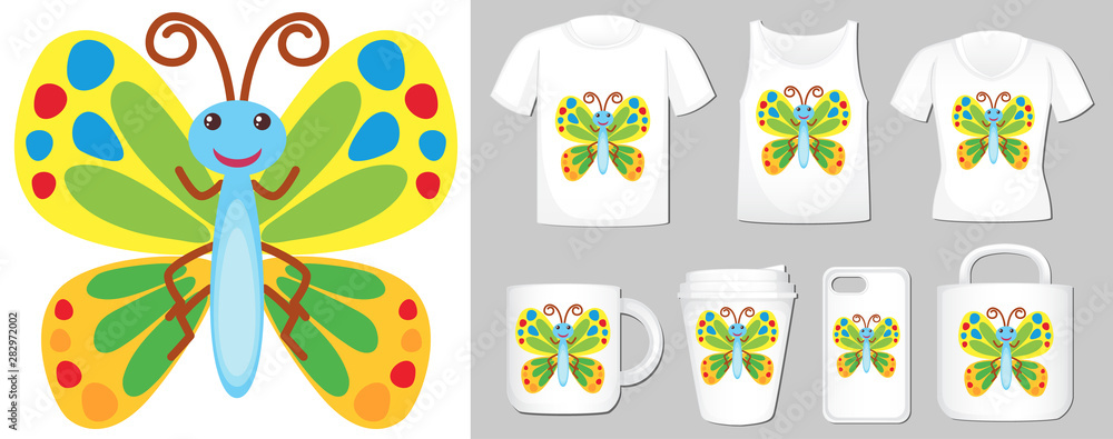 Graphic of colorful butterfly on different product templates