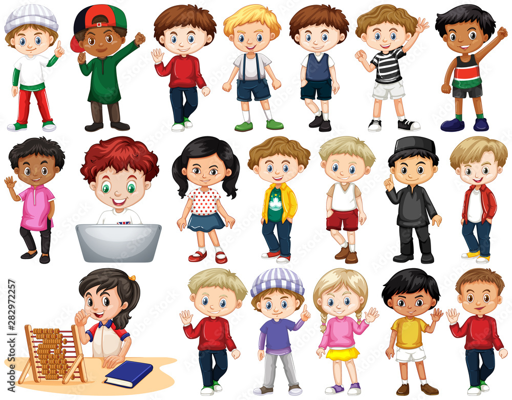 Set of isolated children in different actions Set of isolated children in different actions