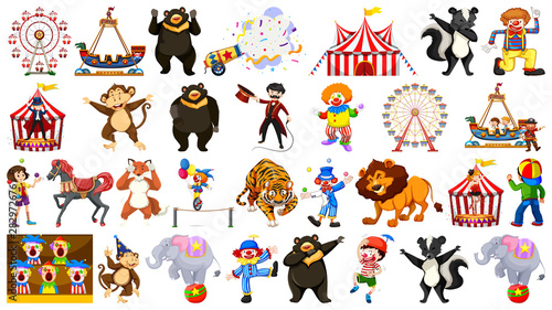 Circus set with animals rides and clowns on isolated background