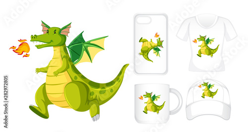 Graphic design on different products with green dragon