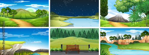 Set of day and night scenes in nature