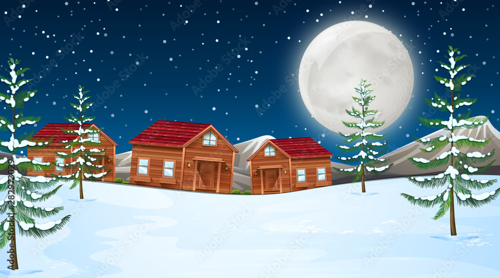 Winter moon with cabins