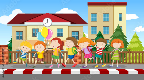 Active kids playing in outdoor scene
