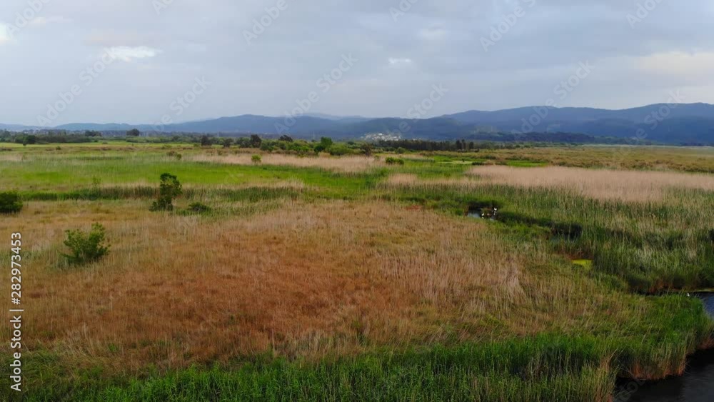 A descending aerial shot from the Aegean coastal marshlands and the rivers that run though them. Taken in  Akyaka (Gulf of Gokova, Aegean Sea) on an overcast spring afternoon.