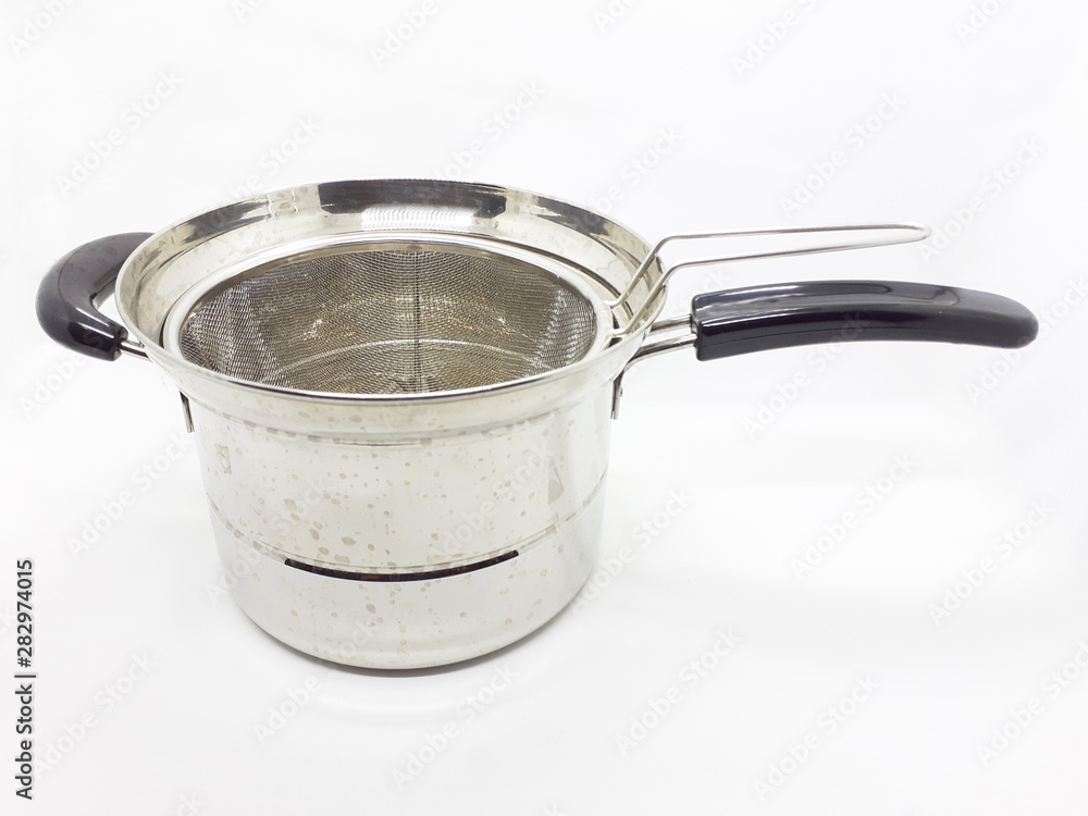 Silver Metallic Boiling Pan for Kitchen Utensils in White Isolated Background Silver Metallic Boiling Pan for Kitchen Utensils in White Isolated Background
