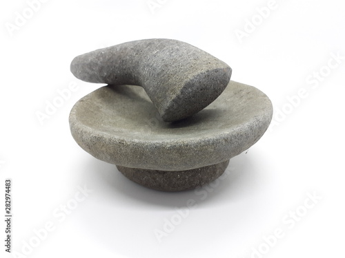 Javanese Black Traditional Natural Crush Mortar Stone for Kitchen Utensils in White Isolated Background