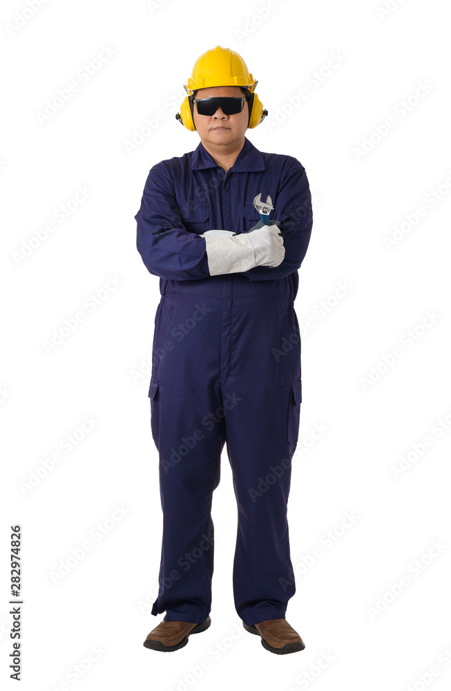 portrait of a worker in Mechanic Jumpsuit is holding a wrench isolated on white background