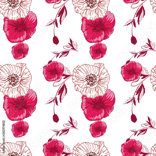 Flourish poppies pattern in line art style. Poppy flower line art. Botanical seamless vector texture. Colorful background blossoming bloomy vector. Wildflowers handcrafted artsy poppy surface design