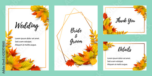 Wedding invites set with falling leaves. Autumn background vector illustration. Place for text. Great for party invitation, seasonal autumn sale, wedding, web, fall festival, Happy Thanksgiving.