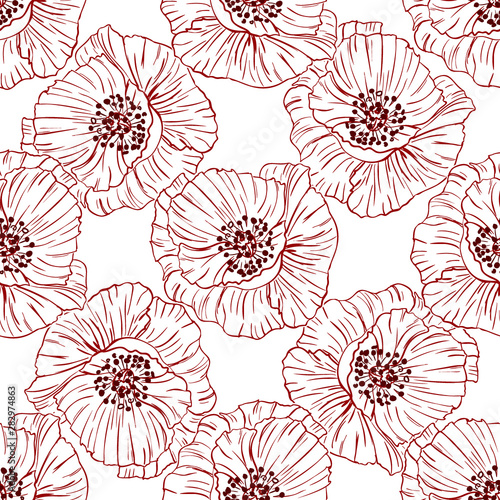 Flourish poppies pattern in line art style. Poppy flower line art. Botanical seamless vector texture. Colorful background blossoming bloomy vector. Wildflowers handcrafted artsy poppy surface design