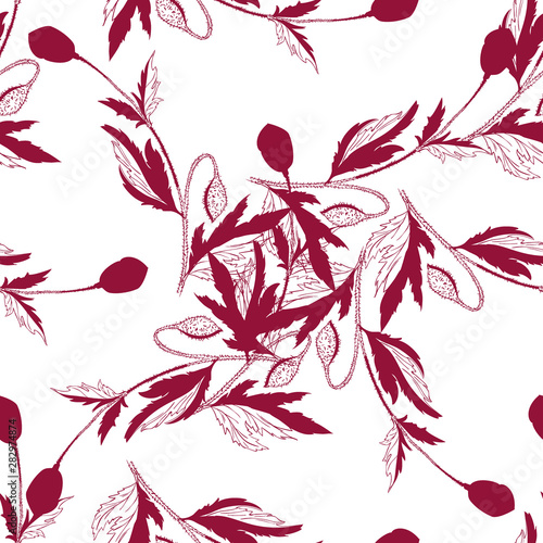 Flourish poppies pattern in line art style. Poppy flower line art. Botanical seamless vector texture. Colorful background blossoming bloomy vector. Wildflowers handcrafted artsy poppy surface design