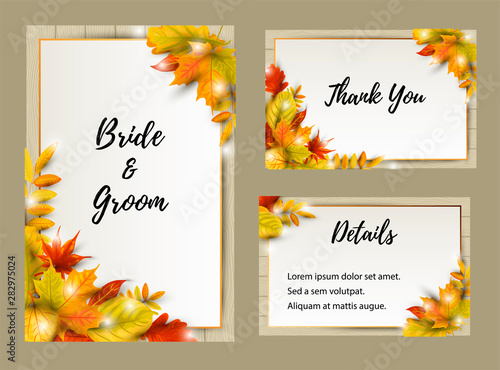 Wedding invites set with falling leaves. Autumn background vector illustration. Place for text. Great for party invitation, seasonal autumn sale, wedding, web, fall festival, Happy Thanksgiving.