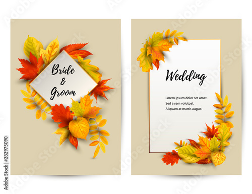 Wedding invites set with falling leaves. Autumn background vector illustration. Place for text. Great for party invitation, seasonal autumn sale, wedding, web, fall festival, Happy Thanksgiving.