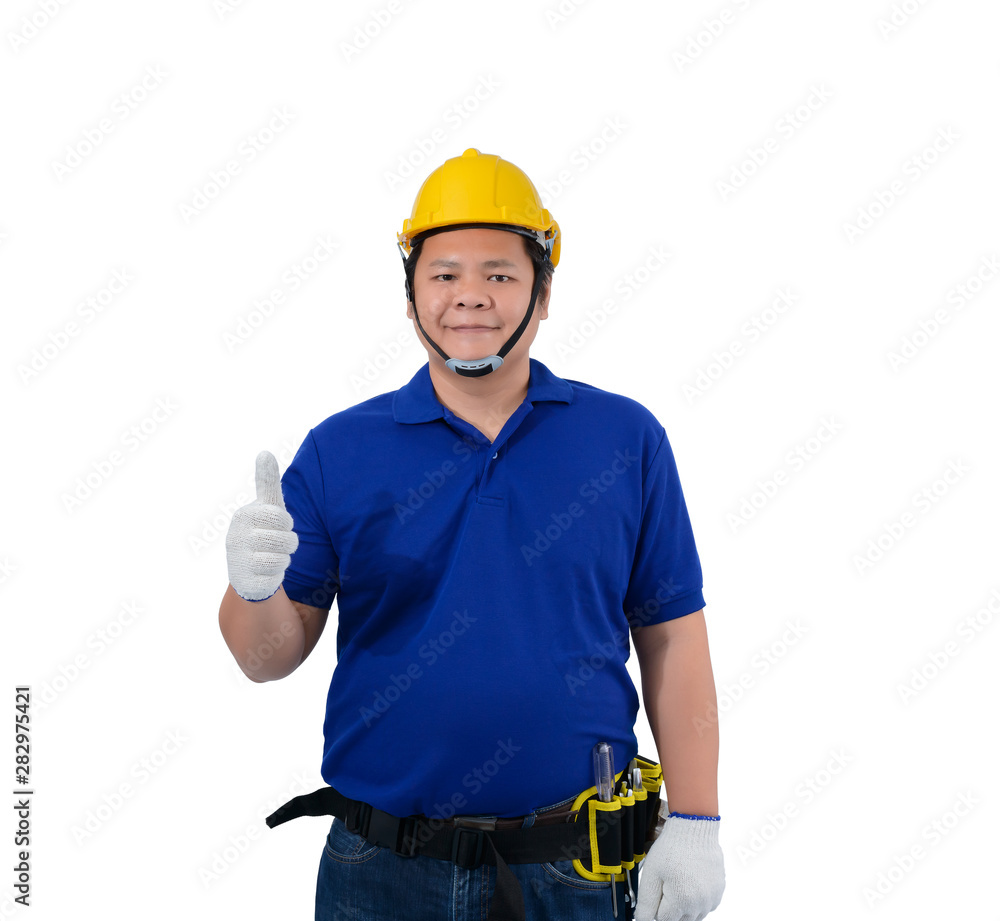construction man workers in blue shirt with Protective gloves, helmet with tool belt and Thumbs up isolated on white construction man workers in blue shirt with Protective gloves, helmet with tool belt and Thumbs up isolated on white