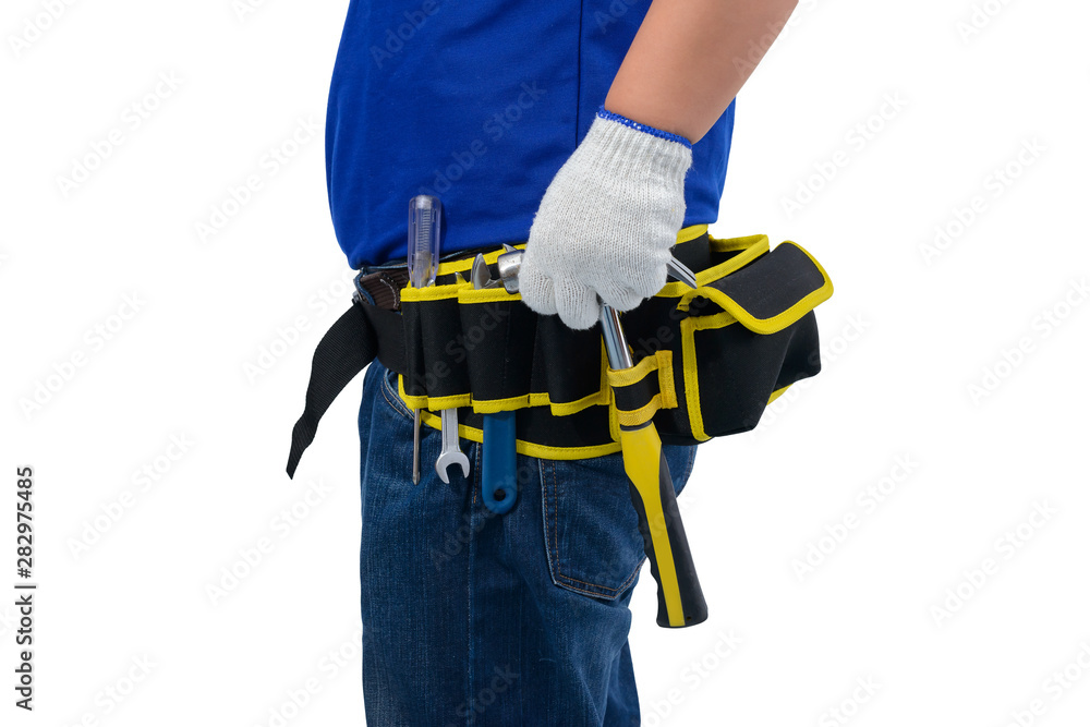 Fototapeta premium construction man workers in blue shirt with Protective gloves, helmet with tool belt hand holding hammer isolated on white