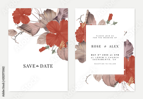 Botanical wedding invitation card template design, hibiscus flowers with dried leaves and branches on white