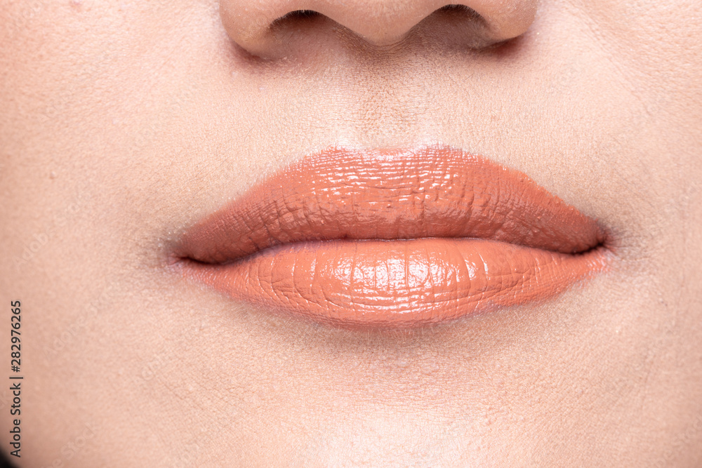 Fototapeta premium Woman red fashion lip mouth teeth to sale lipstick