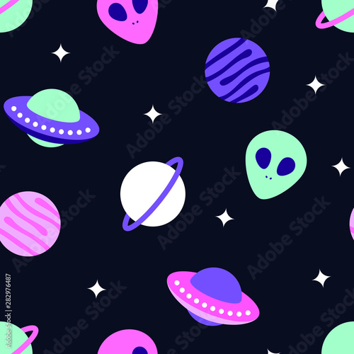 Universe With Planets And Aliens Seamless Pattern