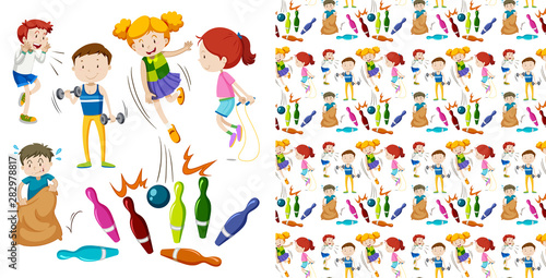 Seamless background design with kids doing sports