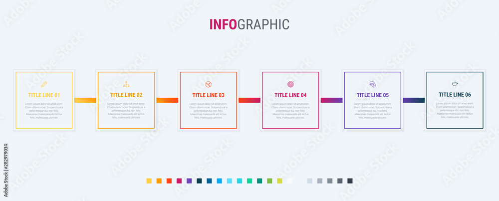 Timeline infographic design vector. 6 steps, square workflow layout. Vector infographic timeline template. Timeline infographic design vector. 6 steps, square workflow layout. Vector infographic timeline template.