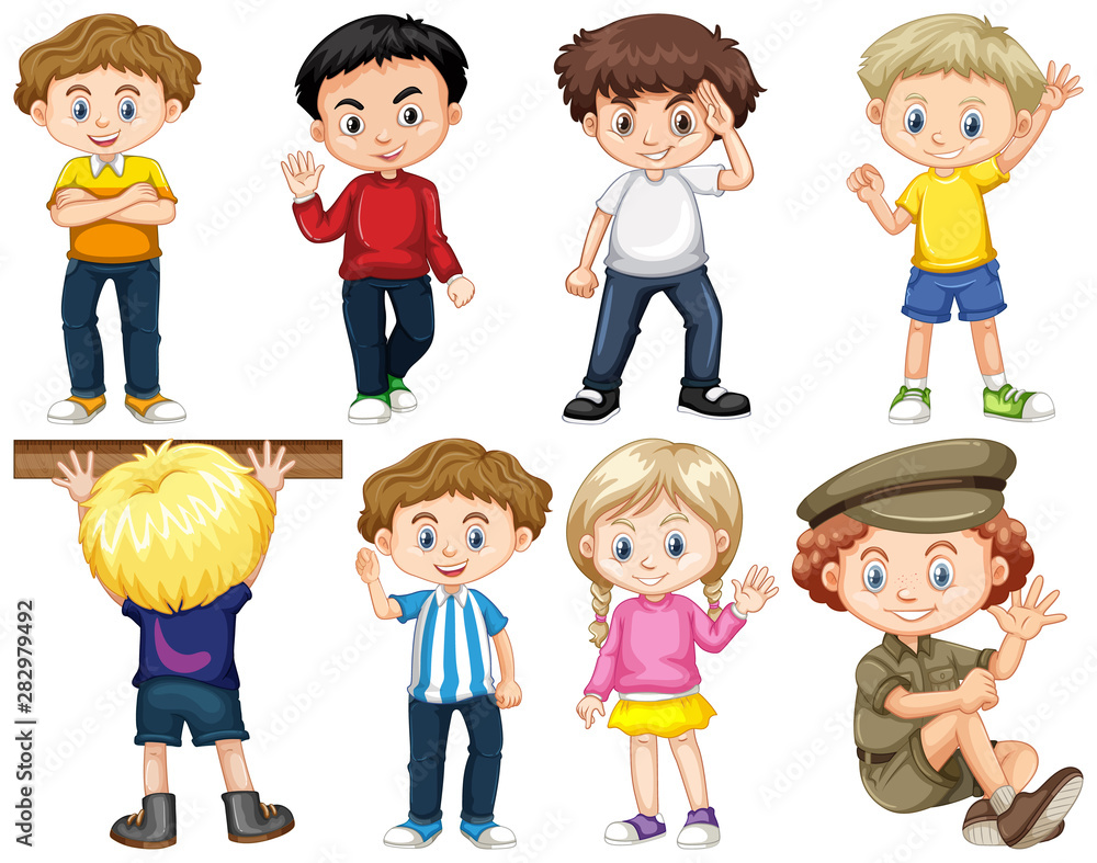 Set of isolated children in different actions Set of isolated children in different actions