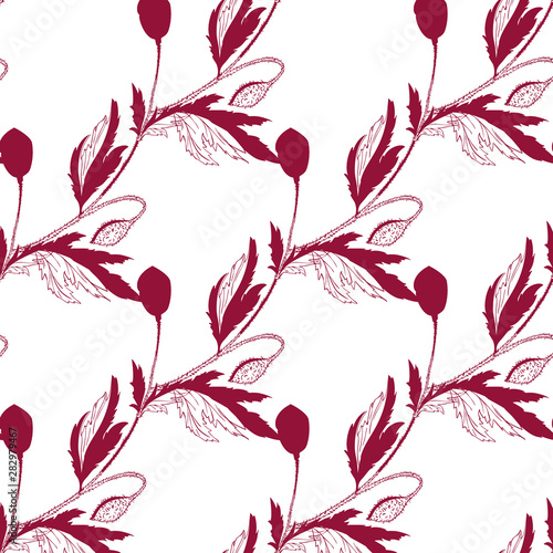 Flourish poppies pattern in line art style. Poppy flower line art. Botanical seamless vector texture. Colorful background blossoming bloomy vector. Wildflowers handcrafted artsy poppy surface design