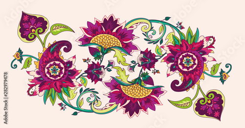 Paisley.  Border, frame. Textile floral pattern with oriental paisley ornament.