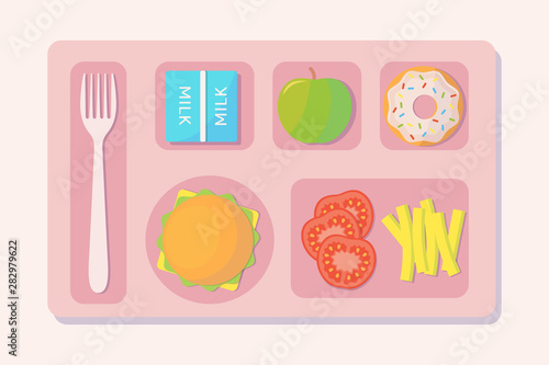 Set of elements for school lunch concept in flat style. Food for school students on a tray.