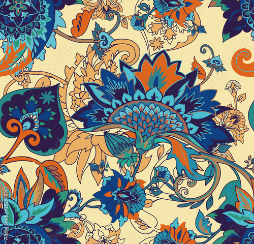 Paisley. Seamless Textile floral pattern with oriental paisley ornament.