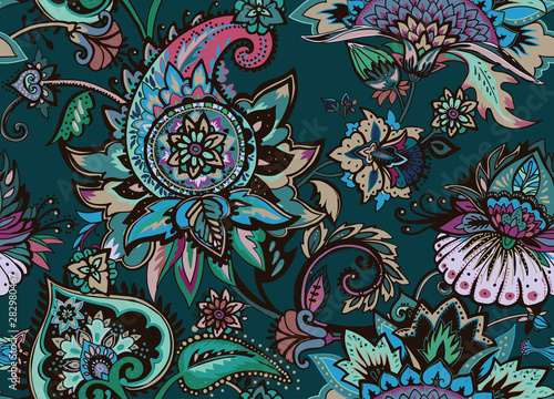 Paisley. Seamless Textile floral pattern with oriental paisley ornament.