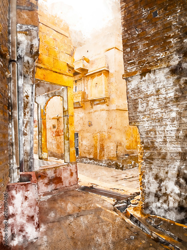 Digital painting of golden city, illustration of historic building for background. Jaisalmer City in Rajasthan, India.
