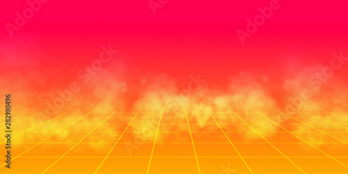 background retro 1980 , yellow and red gradient whit grid and smoke. Illustration