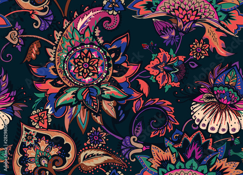 Paisley. Seamless Textile floral pattern with oriental paisley ornament.