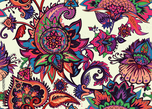Paisley. Seamless Textile floral pattern with oriental paisley ornament.