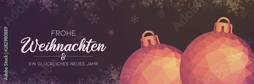 Weihnachtsbanner - Polygon Christbaumkugeln und Schneeflocken Hintergrund mit Lichteffekten