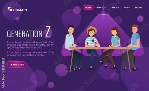 Website design with illustration of the generation z. Young people sitting in the cafe, chatting and watching the smartphones. Landing page design on ultraviolet background.