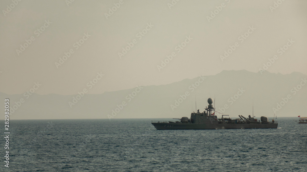 Bodrum, Turkey-June 2019 : Turkish warship in the Harbor .