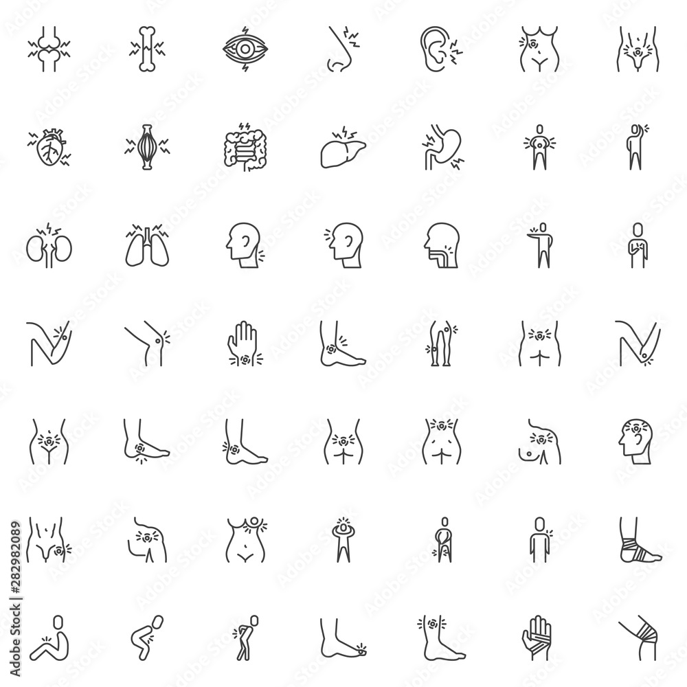 Body ache line icons set. linear style symbols collection, outline signs pack. vector graphics. Set includes icons as joint injury, organs pain, headache, illness symptoms, eyes sore, muscle spasm
