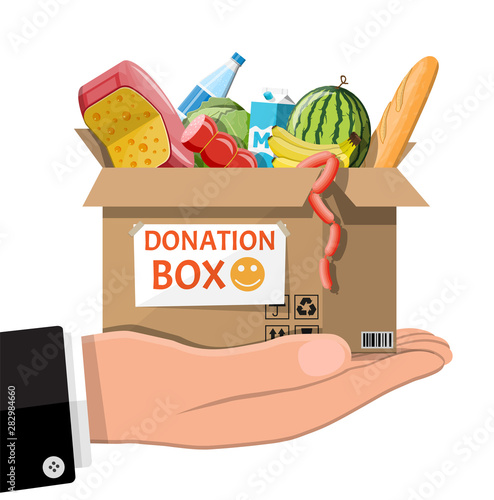 Cardboard box full of food in hand. Needed items for donation. Water, bread, meat, milk, fruits and vegetables products. Food drive bank, charity, thanksgiving concept. Vector illustration flat style