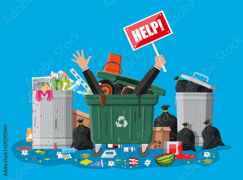 Plastic garbage bin full of trash. Overflowing garbage, food, rotten fruit, papers,containers and glass. Garbage recycling and utilization equipment. Waste management Vector illustration in flat style