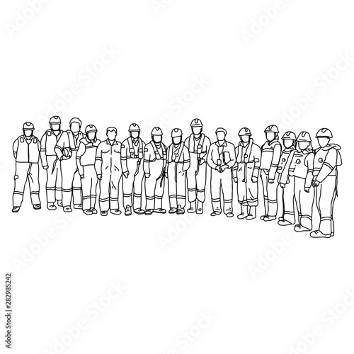 fifteen workers in protective suit with heard hat standing together vector illustration sketch doodle hand drawn with black lines isolated on white background. Teamwork concept.