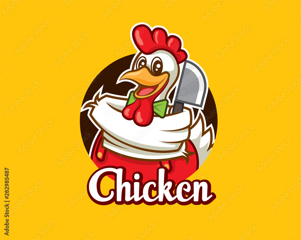 Cartoon cute chicken mascot character with cleaver vector illustration logo Cartoon cute chicken mascot character with cleaver vector illustration logo