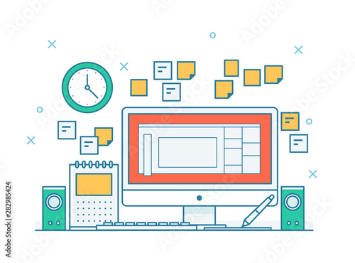 outline style desk setting illustration.flat design style minimal vector illustration.