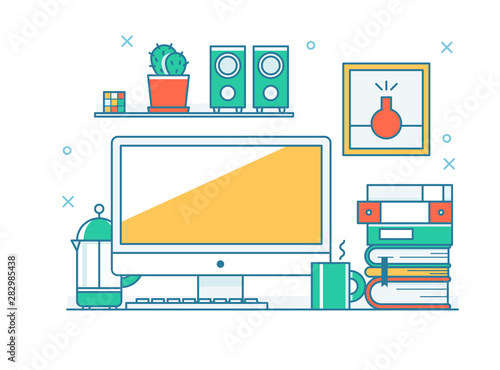 outline style desk setting illustration.flat design style minimal vector illustration.