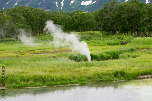 Steaming hot spring in Uzon caldera. Kronotsky Nature Reserve in Russian far east, Kamchatka peninsula. Protected environment with access by helicopter only. Emerald green temperature tolerant plants.