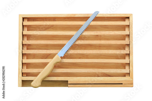 Kitchenware, Isolated vintage cutting bread wood block and tray with stainless steel knife on white background