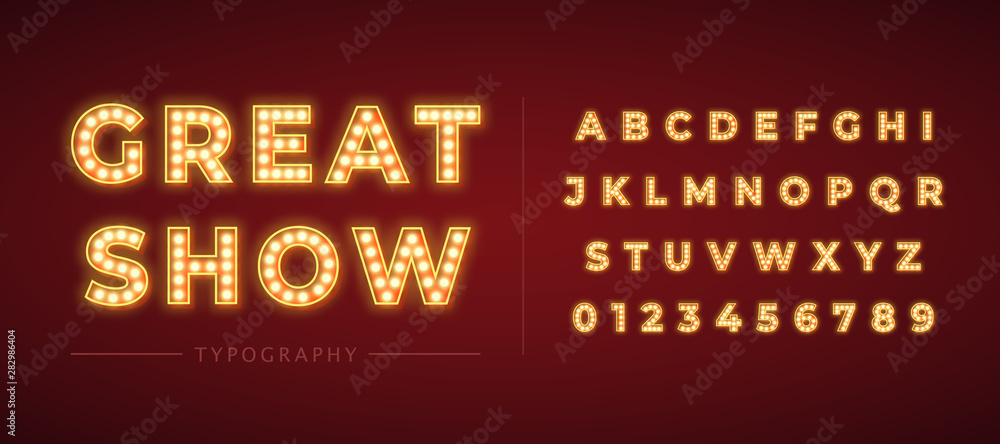 3d light bulb alphabet with gold frame isolated on dark red background.