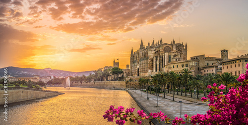 Landscape with Cathedral La Seu at sunset time in Palma de Mallorca islands, Spain photo