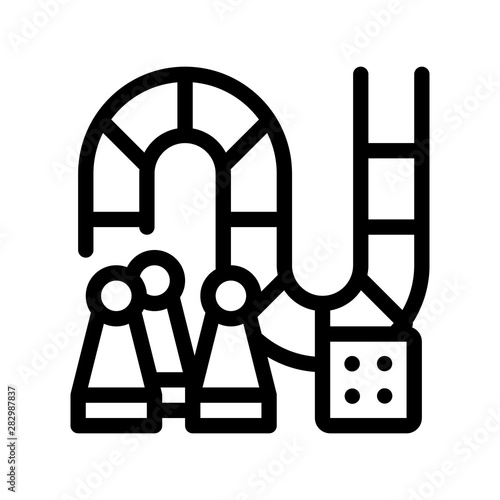 Interactive Kids Board Game Vector Thin Line Icon. Counter Figures, Game Squares And Cube Glassie Children Playing Gaming Items Linear Pictogram. Monopoly Monochrome Contour Illustration