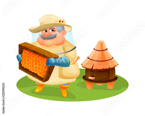 Beekeeper man in a professional costume inspects a wooden frame with honeycombs, working on apiary with bee house. Beekeeper harvesting honey beekeeping concept cartoon vector illustration isolated